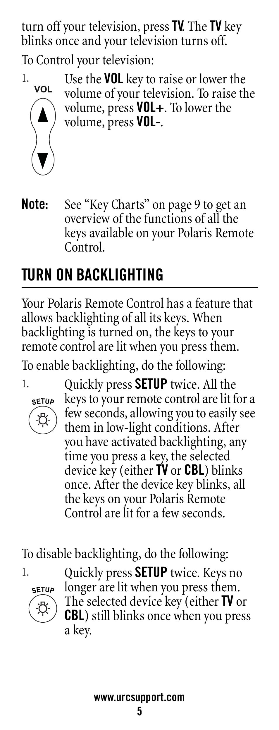 Note, Turn on backlighting | Universal Electronics Polaris User Manual | Page 5 / 52