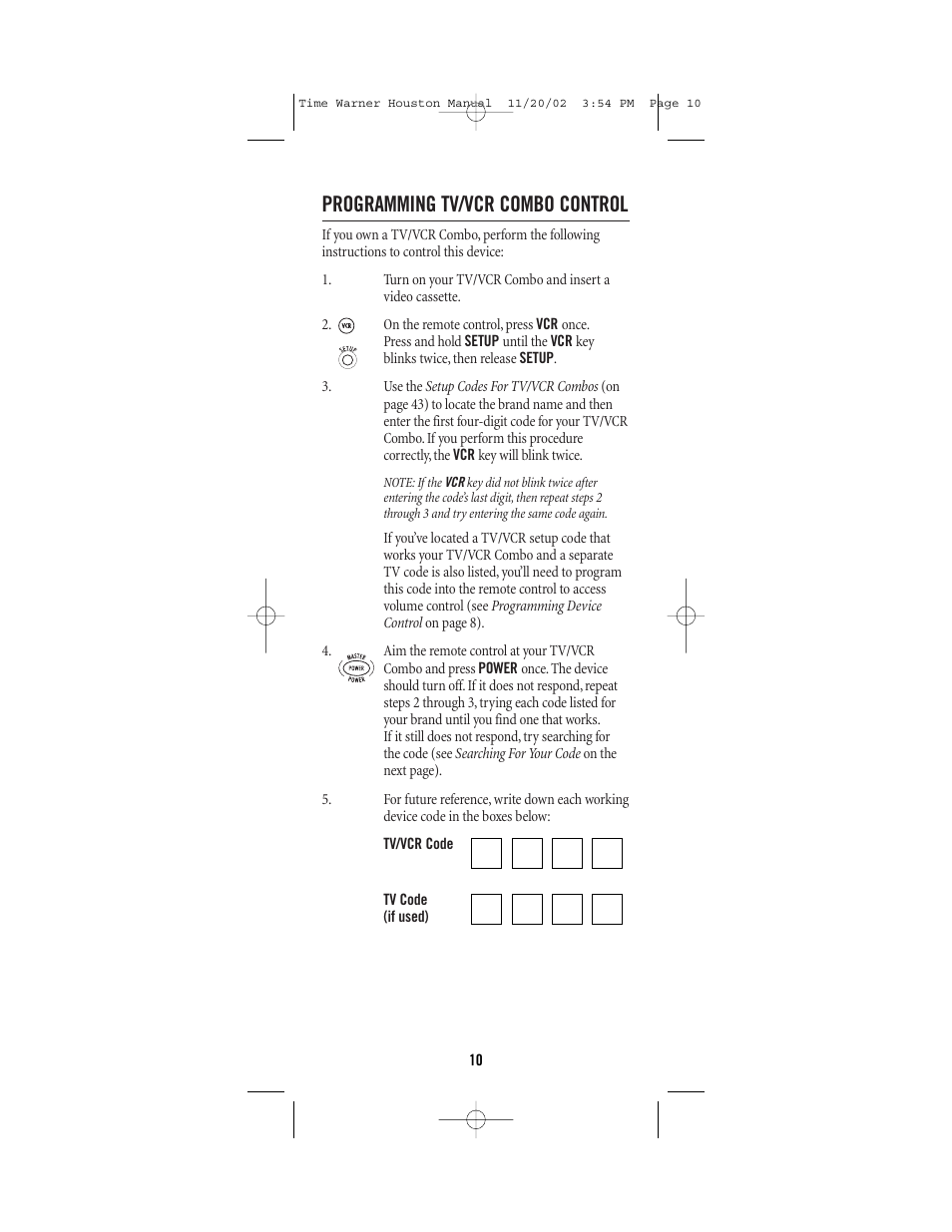 Programming tv/vcr combo control | Universal Electronics URC-1047 User Manual | Page 10 / 48