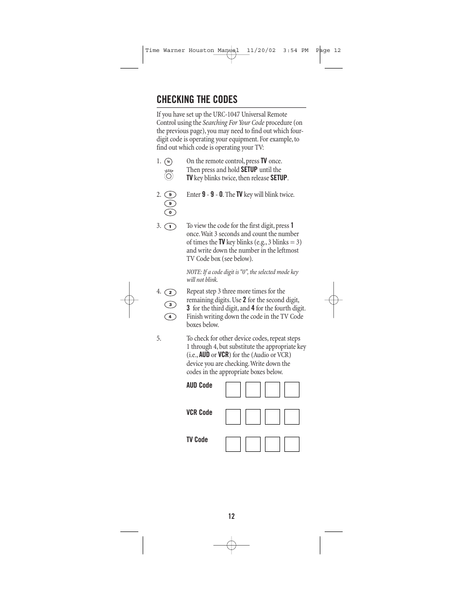 Checking the codes | Universal Electronics URC-1047 User Manual | Page 12 / 48