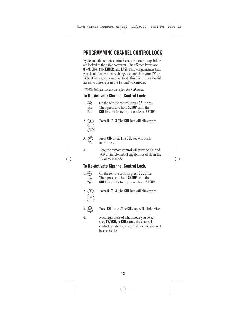 Programming channel control lock | Universal Electronics URC-1047 User Manual | Page 13 / 48