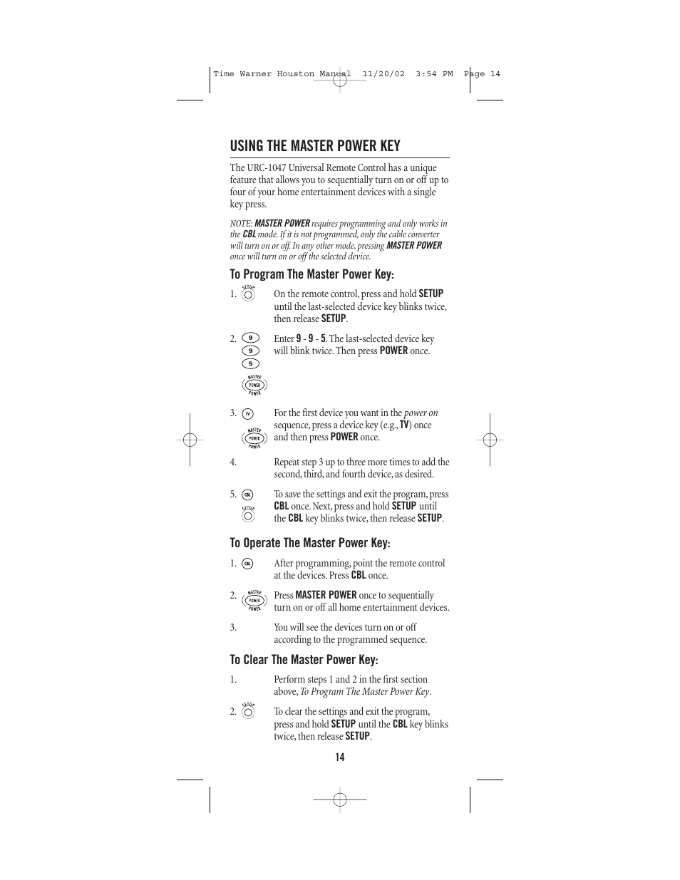 Using the master power key | Universal Electronics URC-1047 User Manual | Page 14 / 48