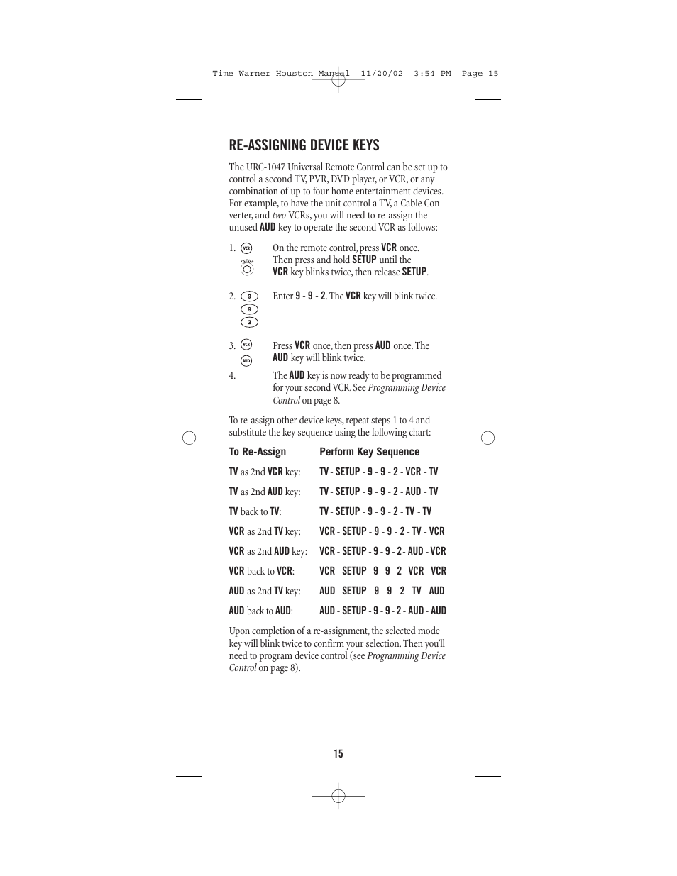 Re-assigning device keys | Universal Electronics URC-1047 User Manual | Page 15 / 48