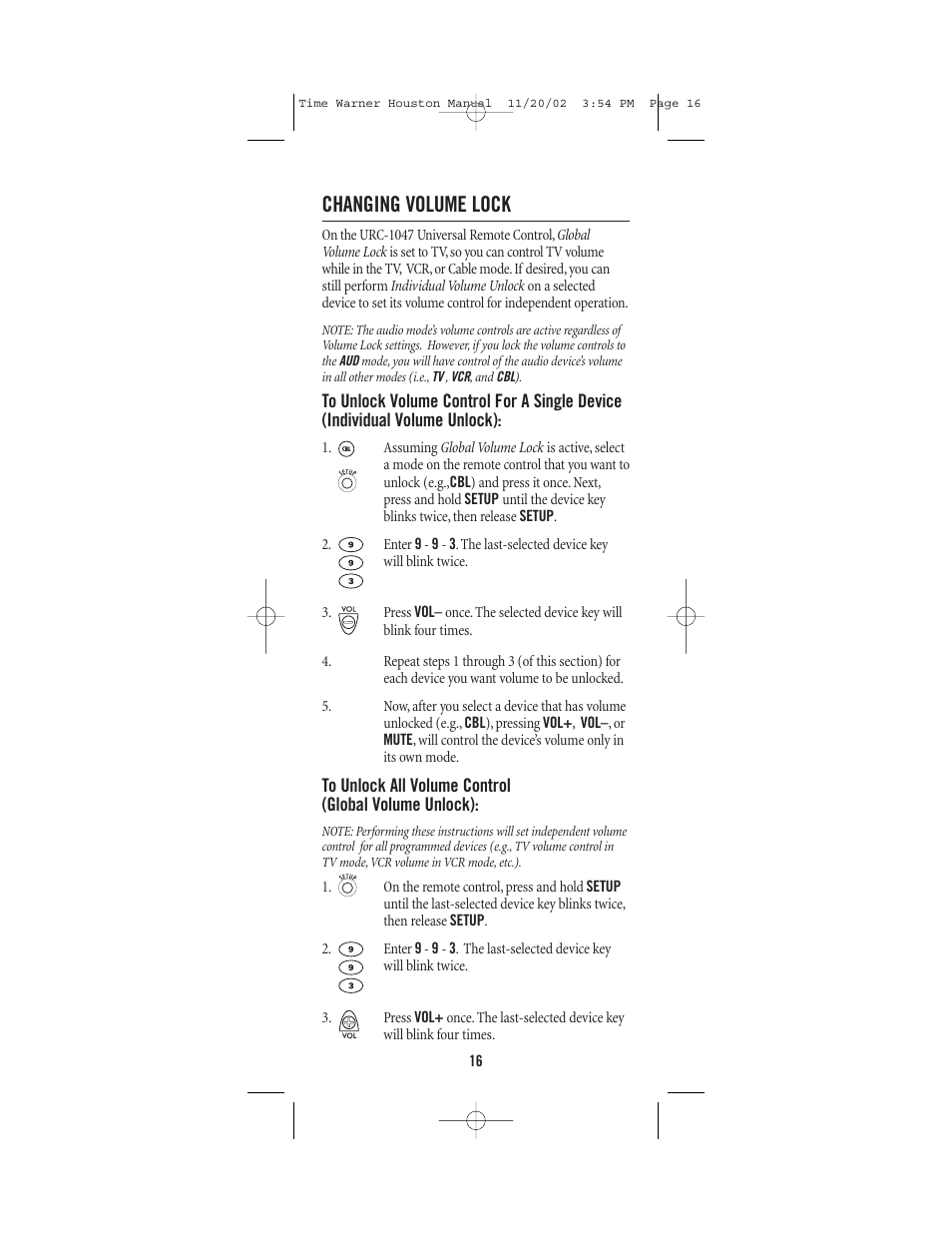 Changing volume lock | Universal Electronics URC-1047 User Manual | Page 16 / 48