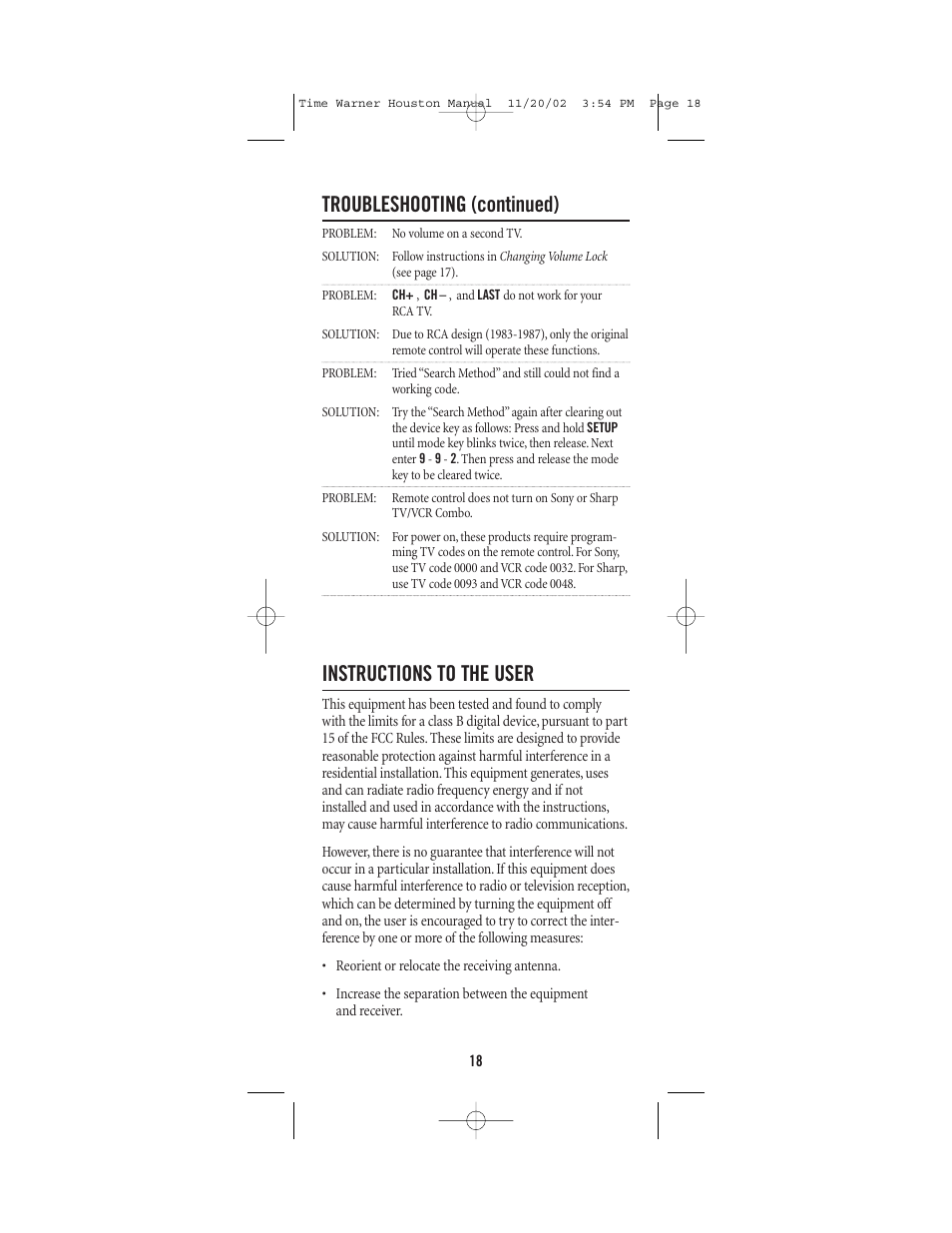 Troubleshooting (continued), Instructions to the user | Universal Electronics URC-1047 User Manual | Page 18 / 48