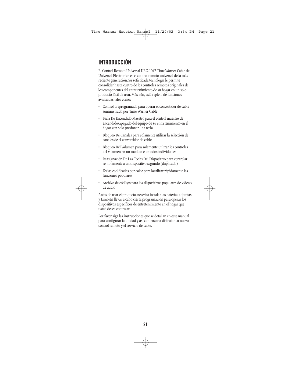 Introducción | Universal Electronics URC-1047 User Manual | Page 21 / 48