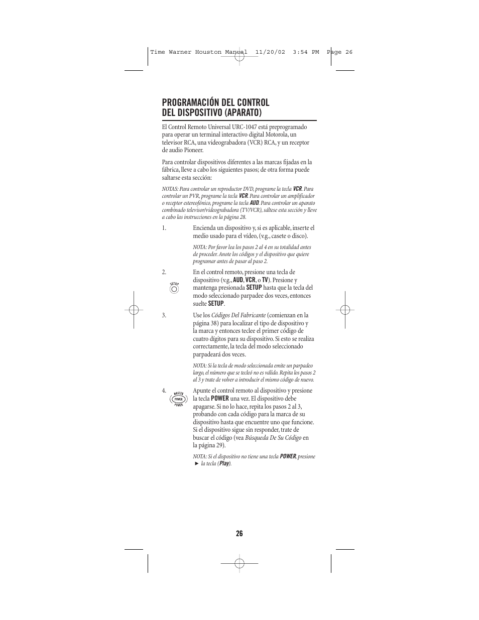 Programación del control del dispositivo (aparato) | Universal Electronics URC-1047 User Manual | Page 26 / 48