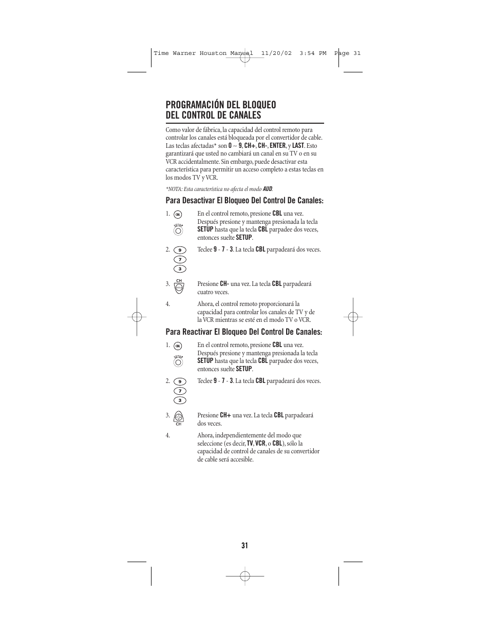 Programación del bloqueo del control de canales | Universal Electronics URC-1047 User Manual | Page 31 / 48