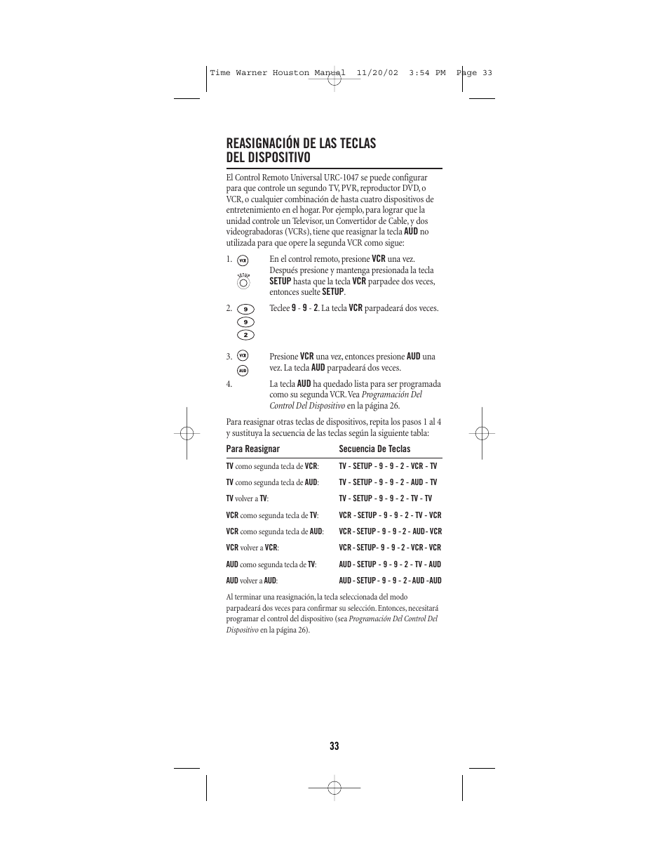 Reasignación de las teclas del dispositivo | Universal Electronics URC-1047 User Manual | Page 33 / 48