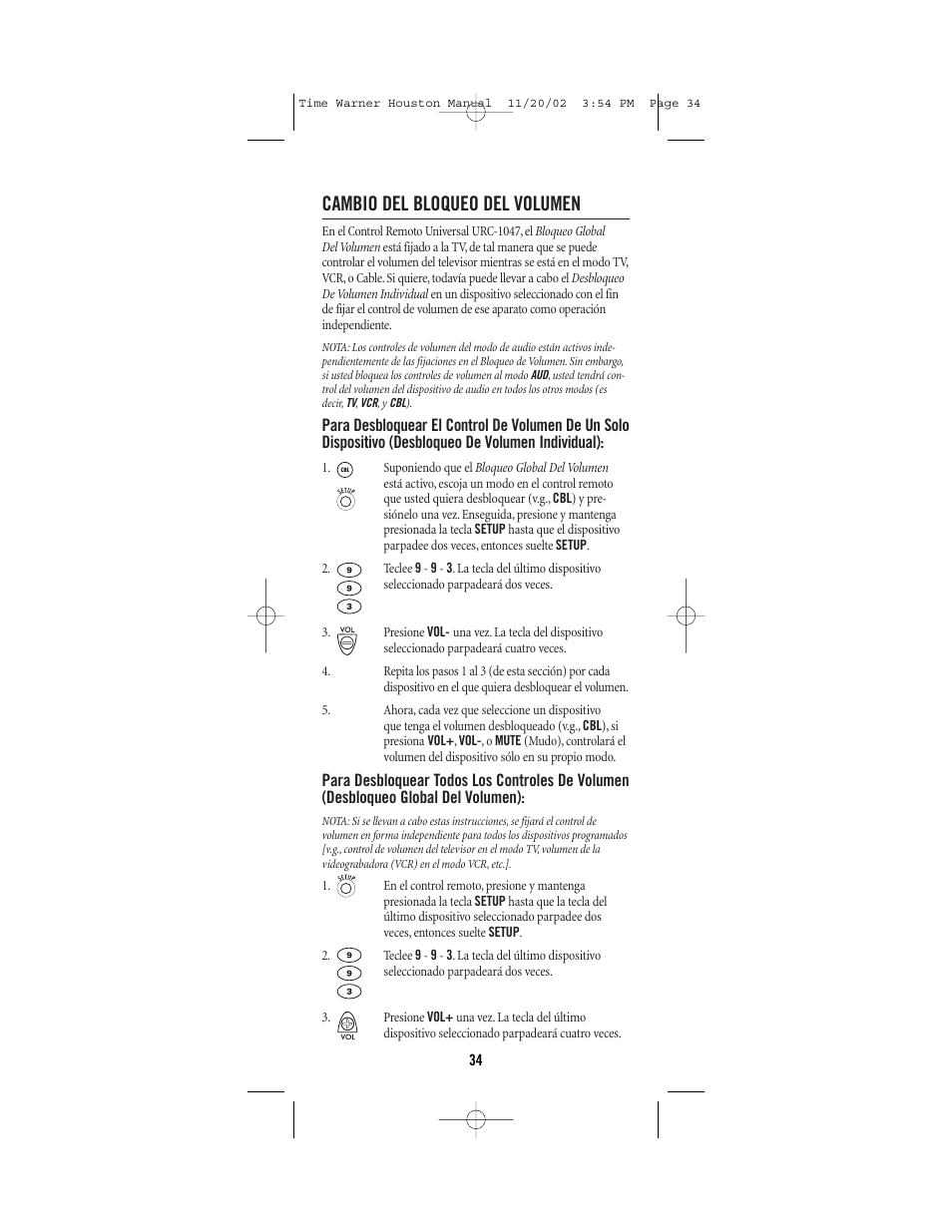 Cambio del bloqueo del volumen | Universal Electronics URC-1047 User Manual | Page 34 / 48