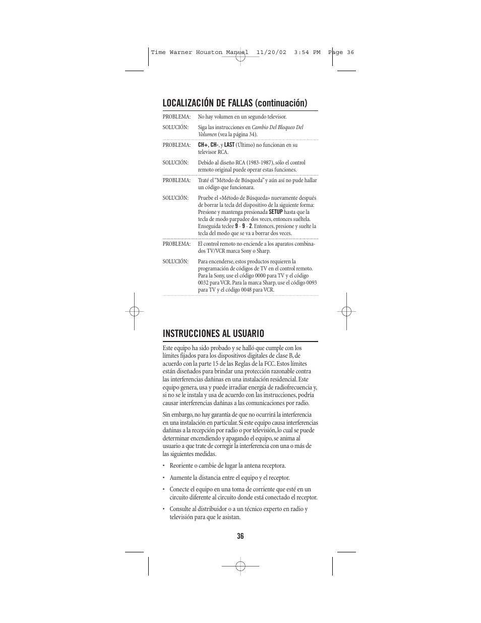 Localización de fallas (continuación), Instrucciones al usuario | Universal Electronics URC-1047 User Manual | Page 36 / 48