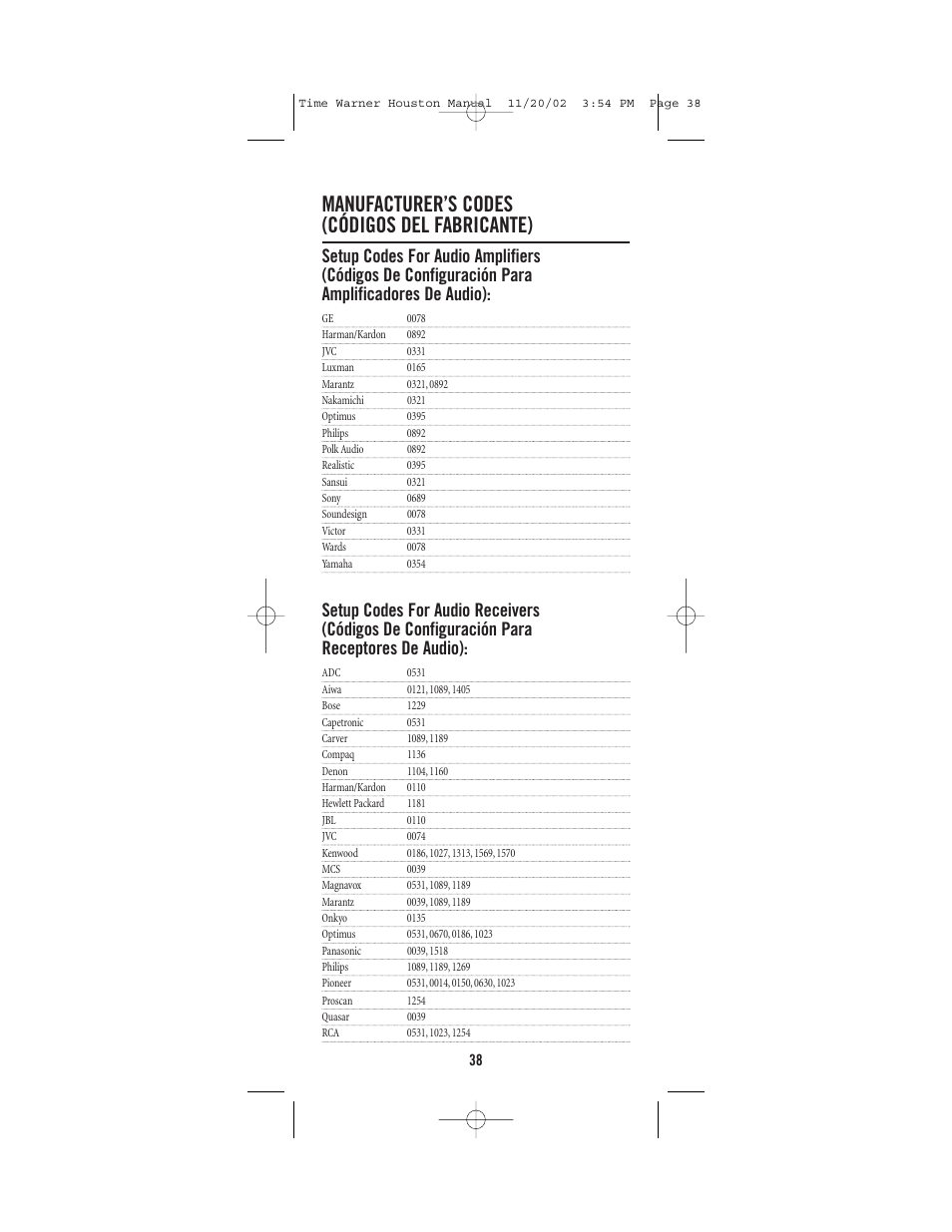 Manufacturer’s codes (códigos del fabricante) | Universal Electronics URC-1047 User Manual | Page 38 / 48