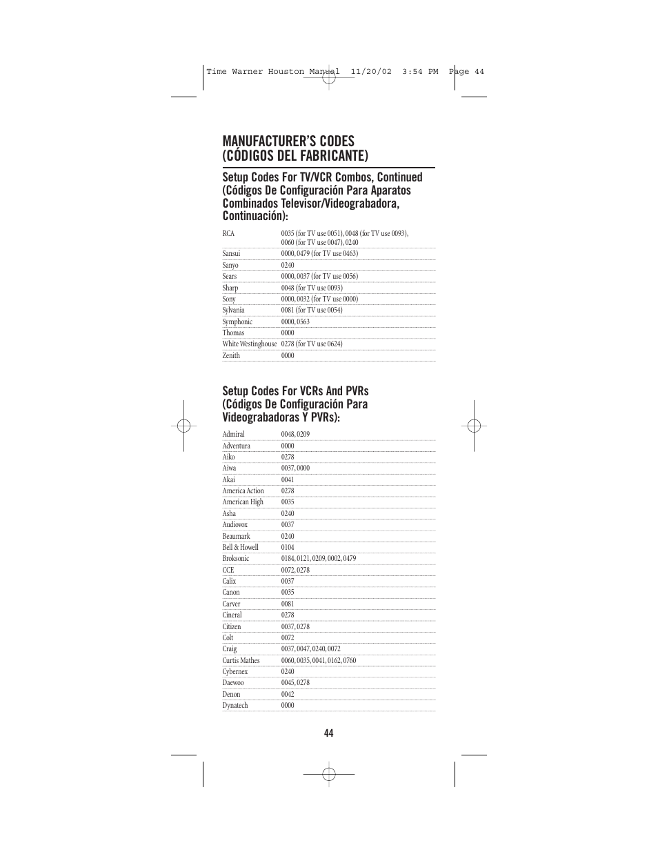 Manufacturer’s codes (códigos del fabricante) | Universal Electronics URC-1047 User Manual | Page 44 / 48