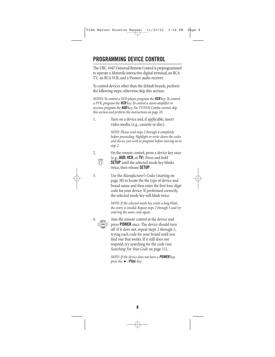 Programming device control | Universal Electronics URC-1047 User Manual | Page 8 / 48