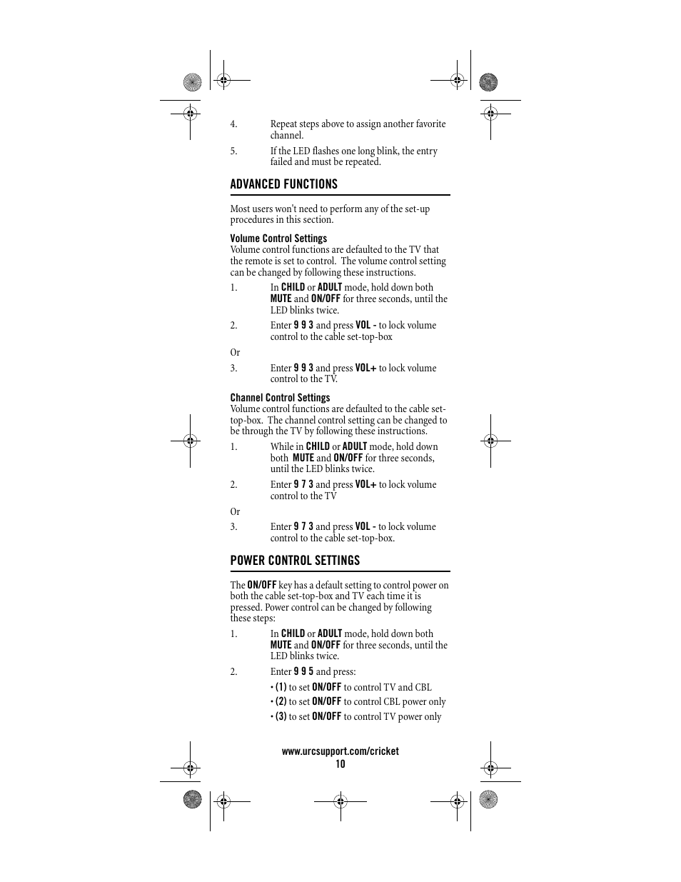 Advanced functions | Universal Electronics Cricket Kid's Remote Control User Manual | Page 10 / 36