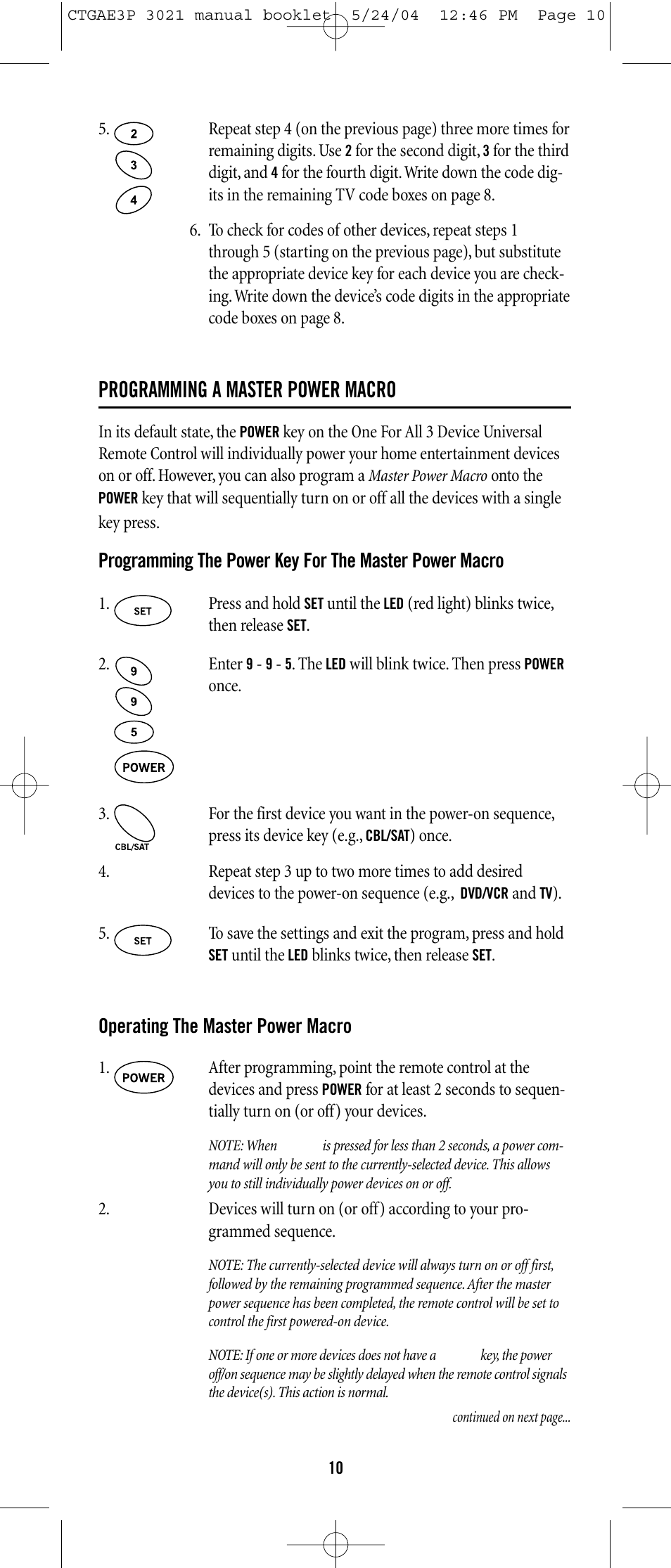 Programming a master power macro | Universal Electronics URC-3021 User Manual | Page 10 / 22