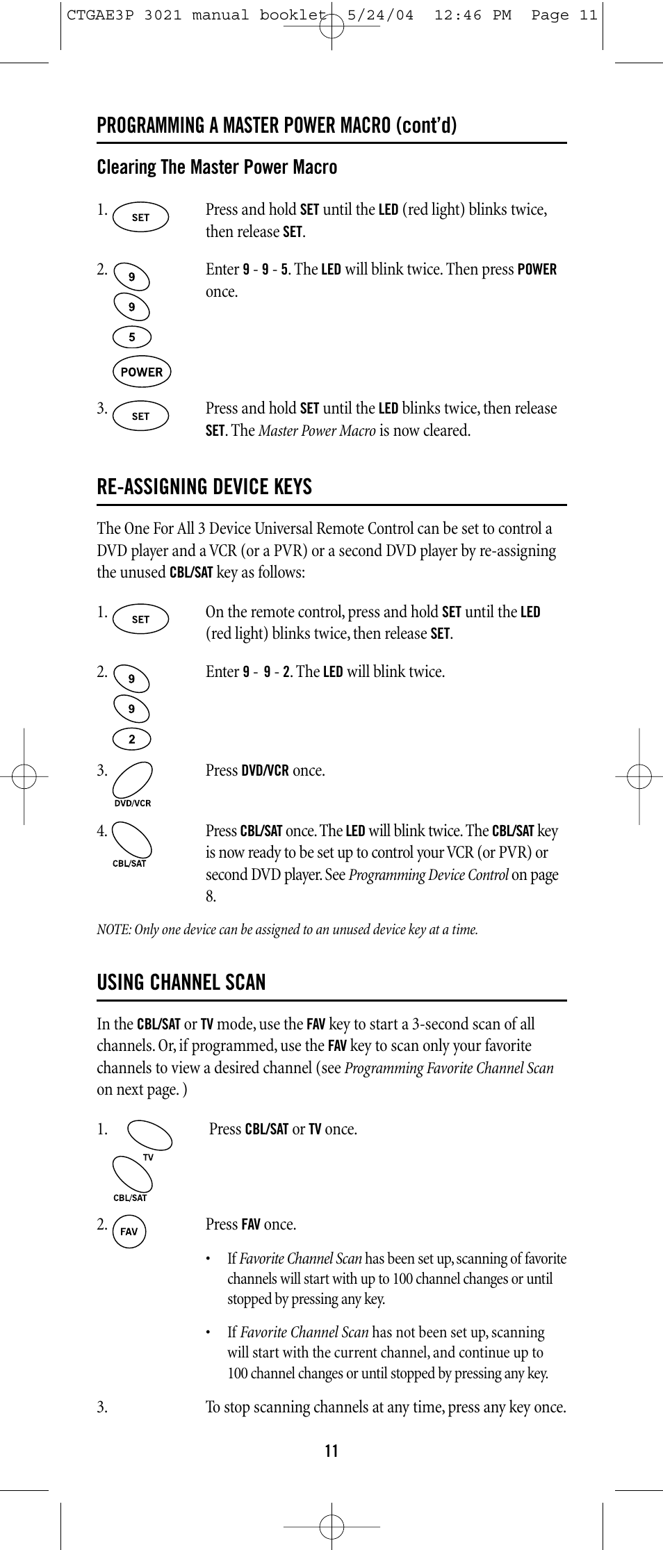 Programming a master power macro (cont’d), Re-assigning device keys, Using channel scan | Universal Electronics URC-3021 User Manual | Page 11 / 22