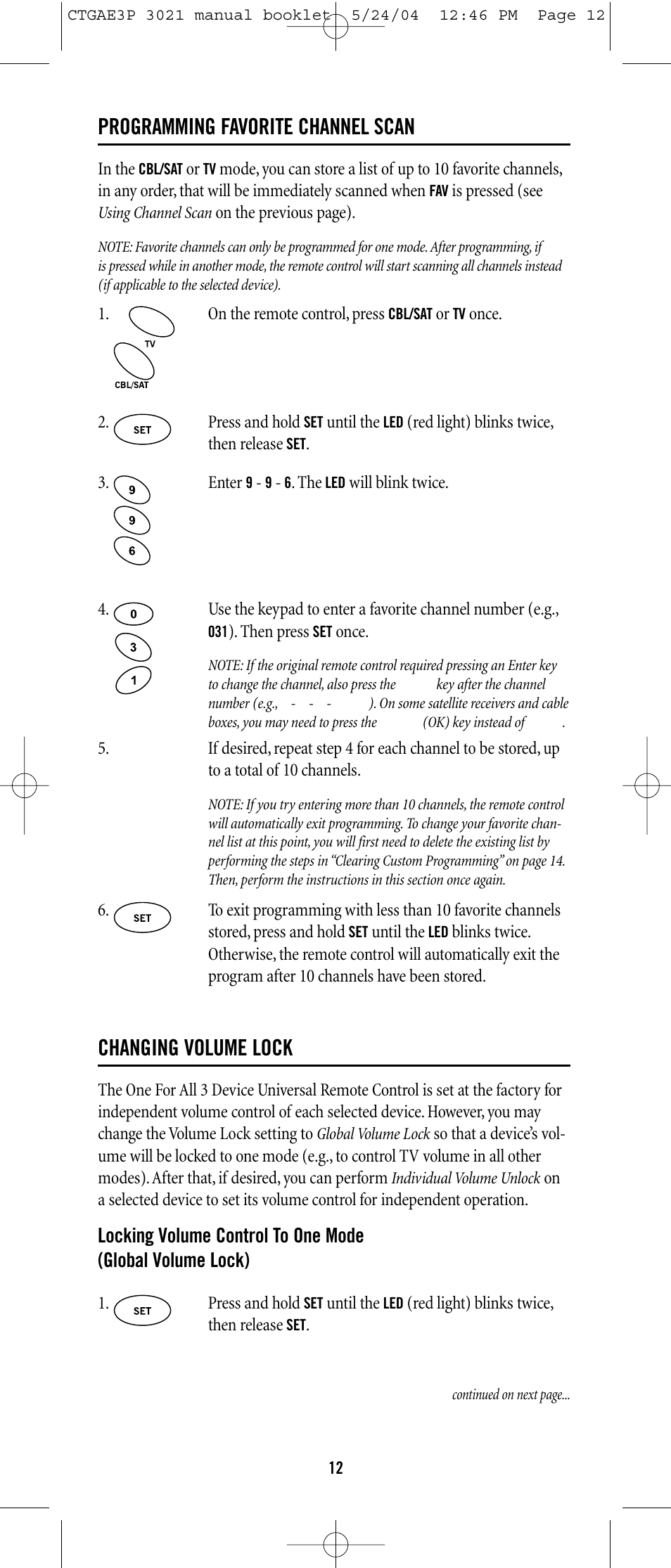 Programming favorite channel scan, Changing volume lock | Universal Electronics URC-3021 User Manual | Page 12 / 22
