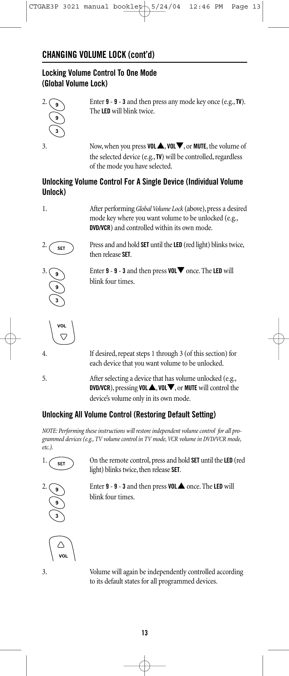 Changing volume lock (cont’d) | Universal Electronics URC-3021 User Manual | Page 13 / 22