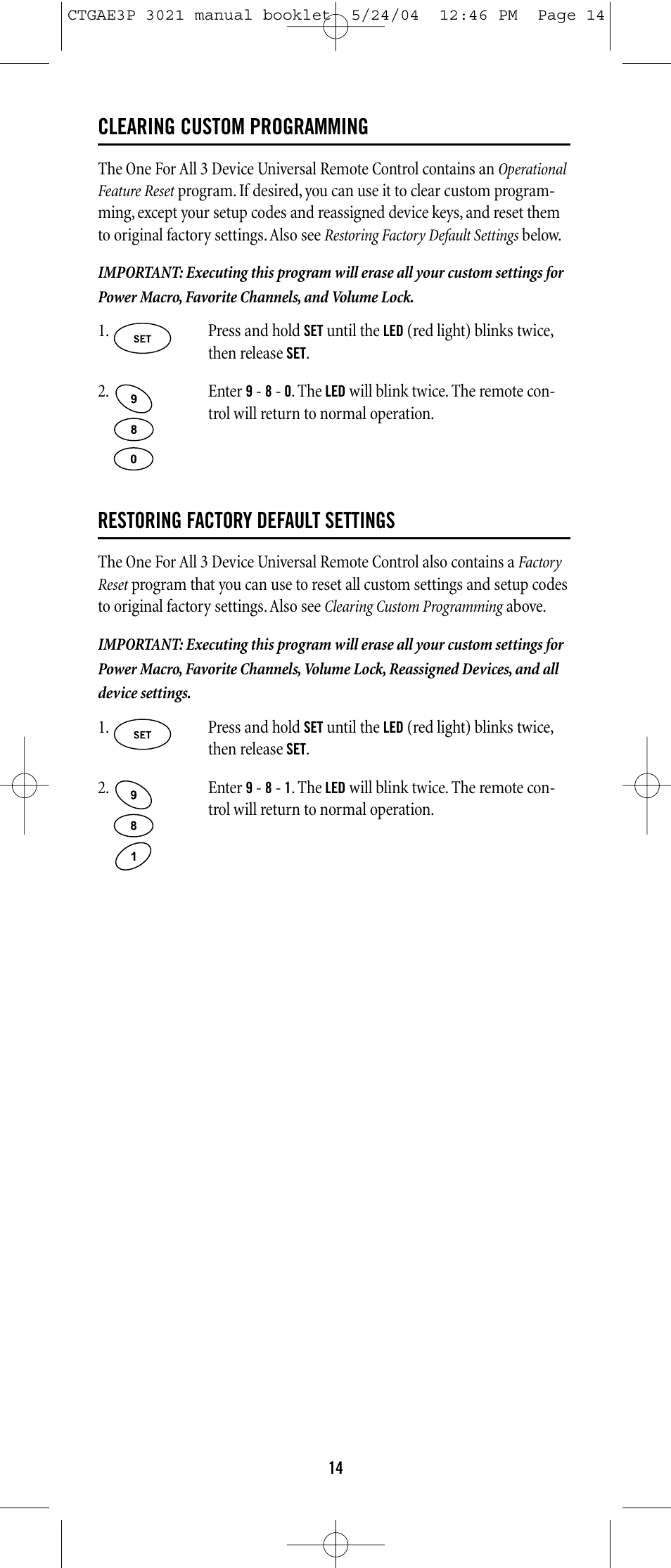 Clearing custom programming, Restoring factory default settings | Universal Electronics URC-3021 User Manual | Page 14 / 22