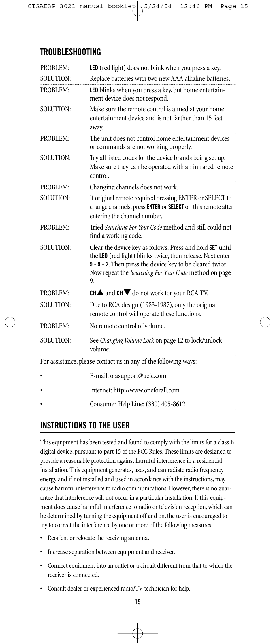 Troubleshooting, Instructions to the user | Universal Electronics URC-3021 User Manual | Page 15 / 22