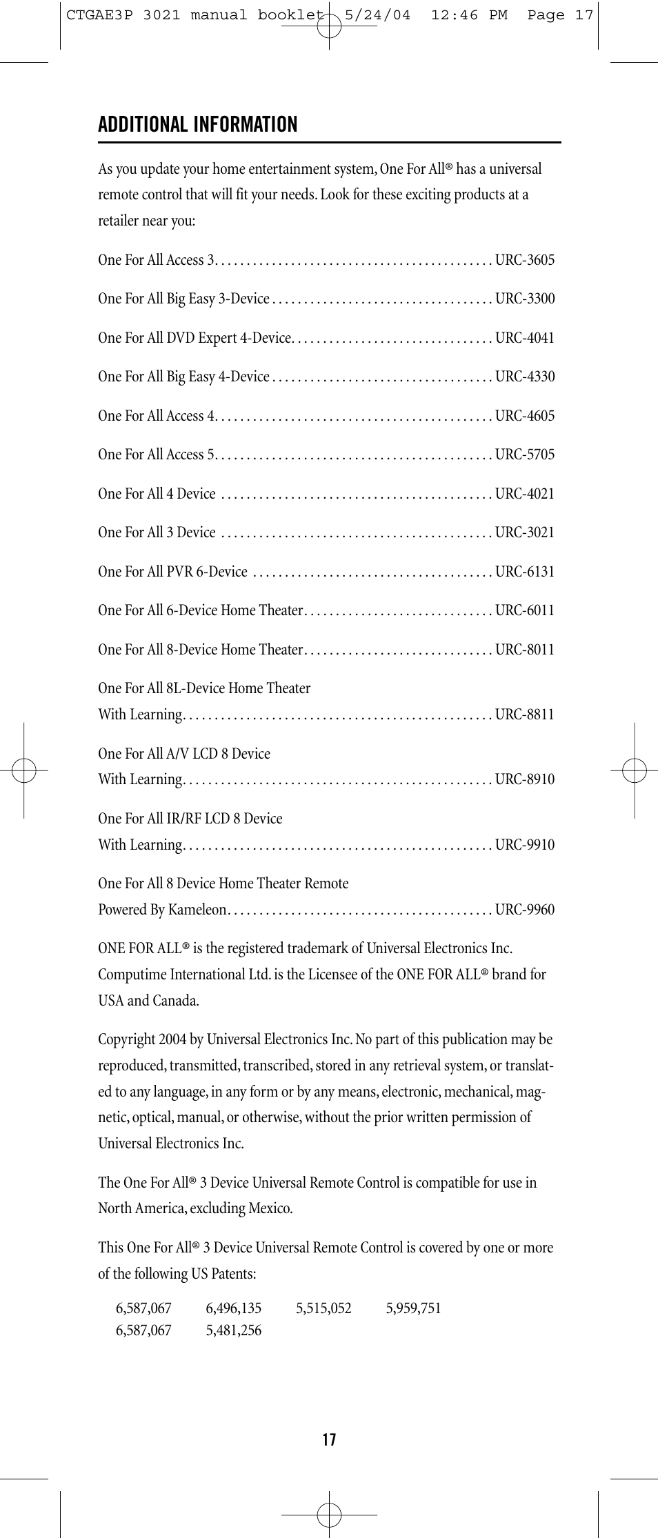 Additional information | Universal Electronics URC-3021 User Manual | Page 17 / 22