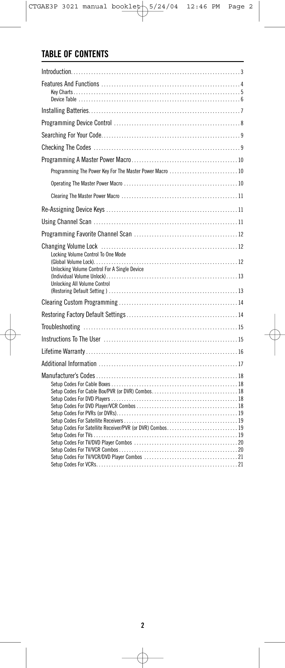 Universal Electronics URC-3021 User Manual | Page 2 / 22