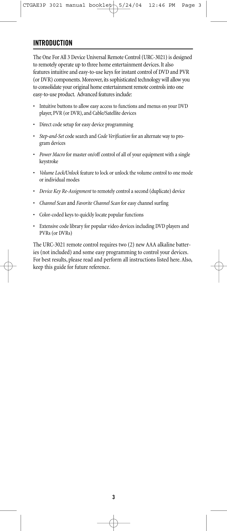 Introduction | Universal Electronics URC-3021 User Manual | Page 3 / 22