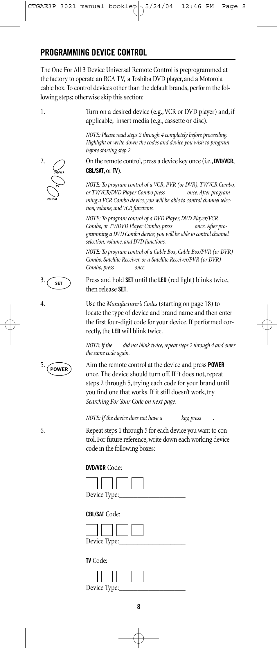 Programming device control | Universal Electronics URC-3021 User Manual | Page 8 / 22
