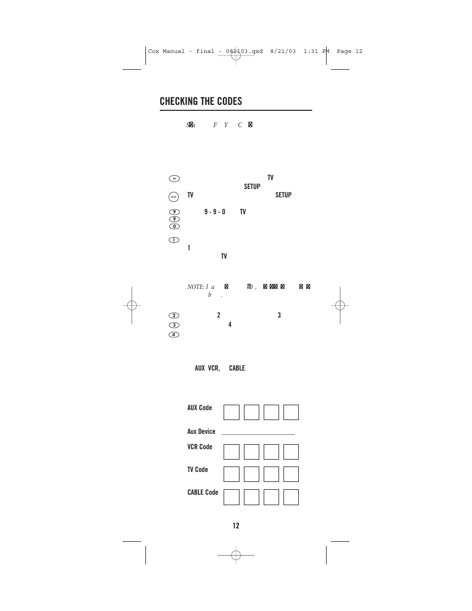 Checking the codes | Universal Electronics Cox Universal Remote Control User Manual | Page 12 / 48