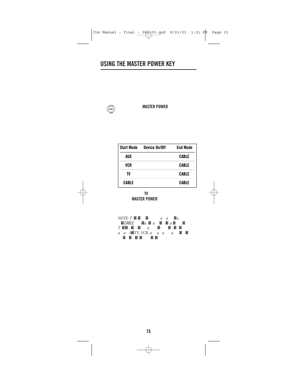 Using the master power key | Universal Electronics Cox Universal Remote Control User Manual | Page 15 / 48
