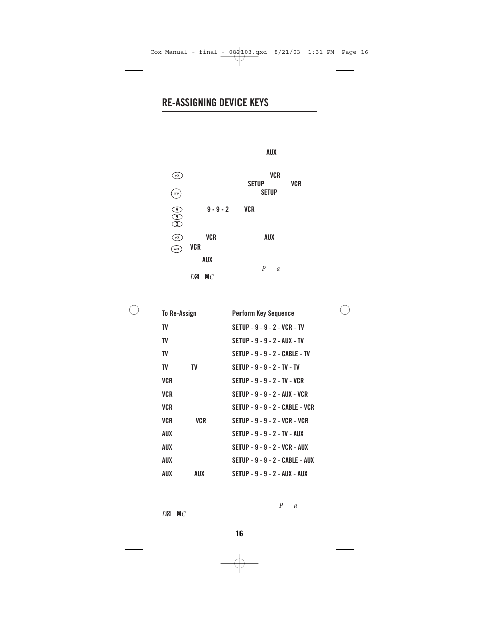 Re-assigning device keys | Universal Electronics Cox Universal Remote Control User Manual | Page 16 / 48