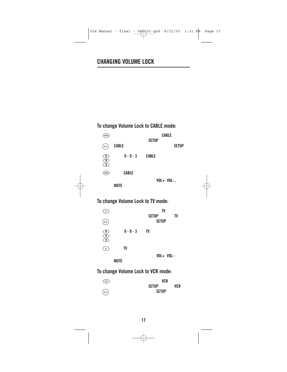 Changing volume lock | Universal Electronics Cox Universal Remote Control User Manual | Page 17 / 48