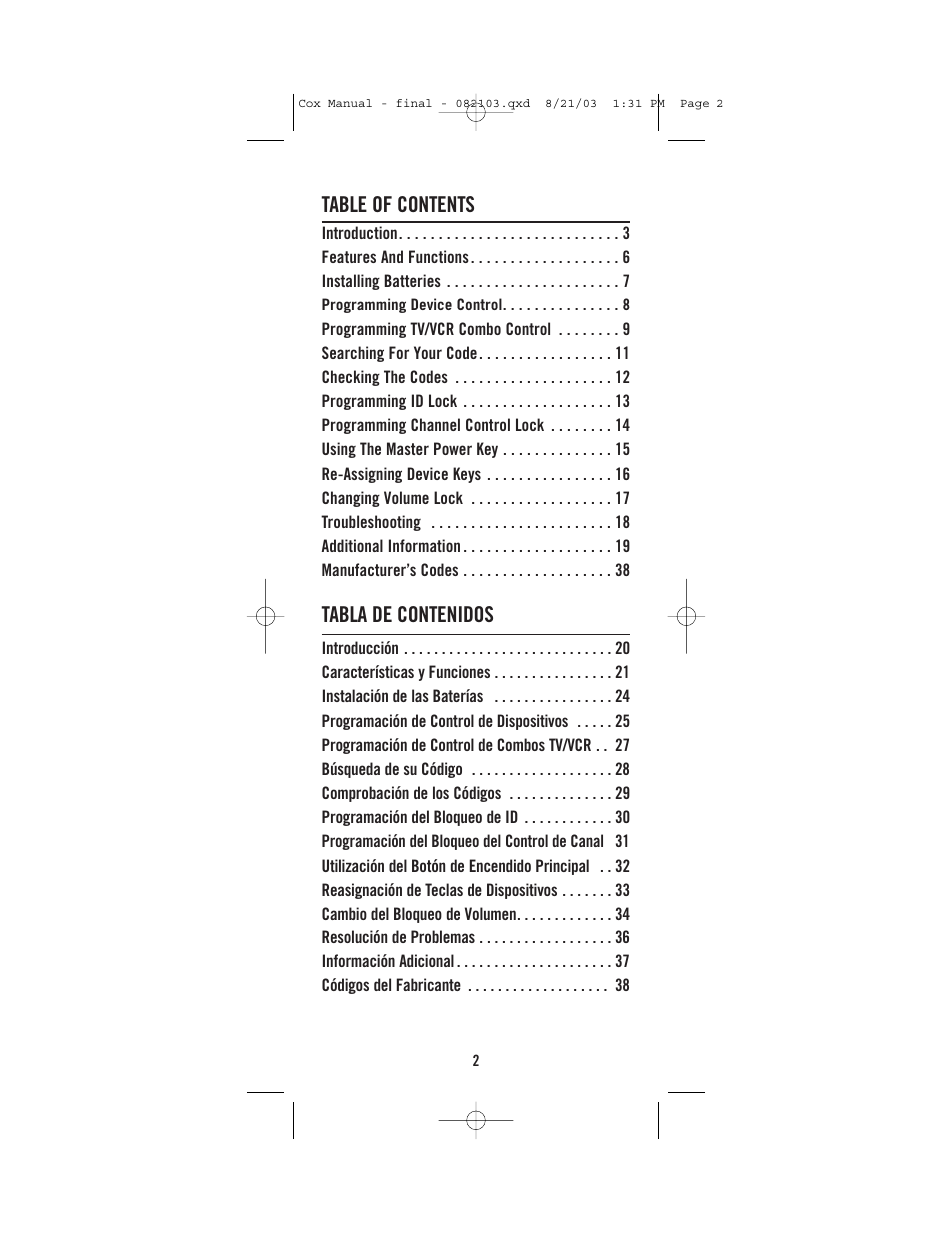 Universal Electronics Cox Universal Remote Control User Manual | Page 2 / 48