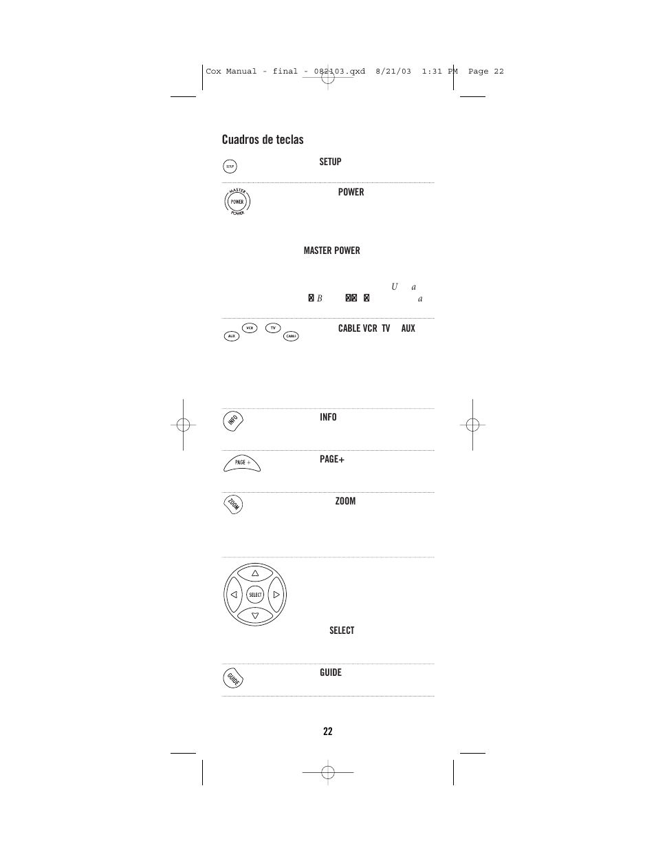 Cuadros de teclas | Universal Electronics Cox Universal Remote Control User Manual | Page 22 / 48