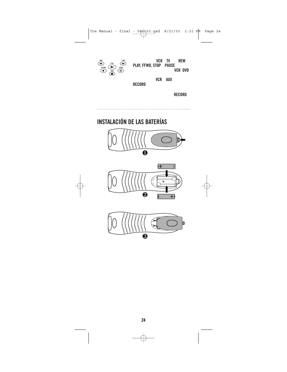 Instalación de las baterías | Universal Electronics Cox Universal Remote Control User Manual | Page 24 / 48
