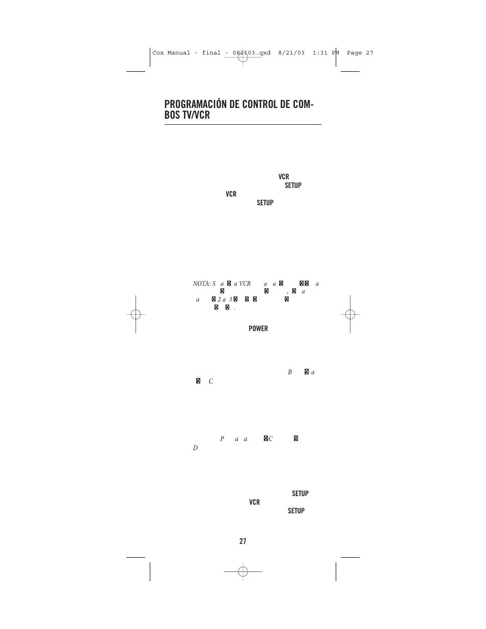 Programación de control de com- bos tv/vcr | Universal Electronics Cox Universal Remote Control User Manual | Page 27 / 48