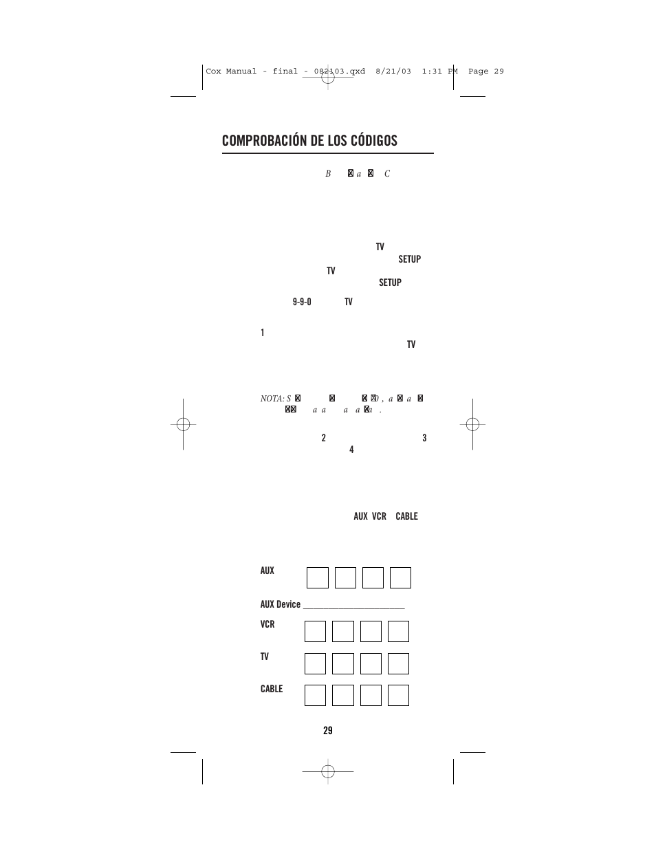Comprobación de los códigos | Universal Electronics Cox Universal Remote Control User Manual | Page 29 / 48