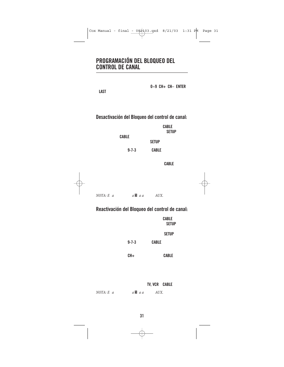 Programación del bloqueo del control de canal | Universal Electronics Cox Universal Remote Control User Manual | Page 31 / 48
