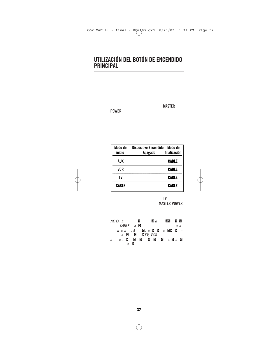 Utilización del botón de encendido principal | Universal Electronics Cox Universal Remote Control User Manual | Page 32 / 48