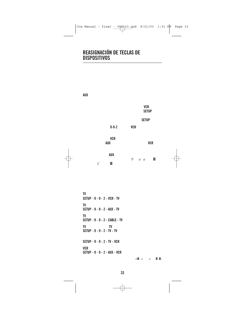 Reasignación de teclas de dispositivos | Universal Electronics Cox Universal Remote Control User Manual | Page 33 / 48