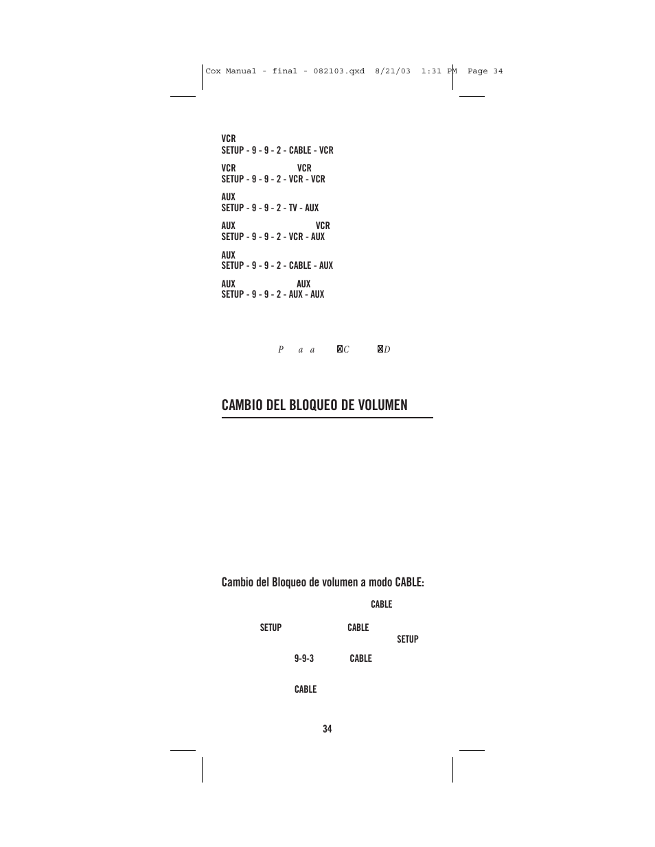 Cambio del bloqueo de volumen, Cambio del bloqueo de volumen a modo cable | Universal Electronics Cox Universal Remote Control User Manual | Page 34 / 48