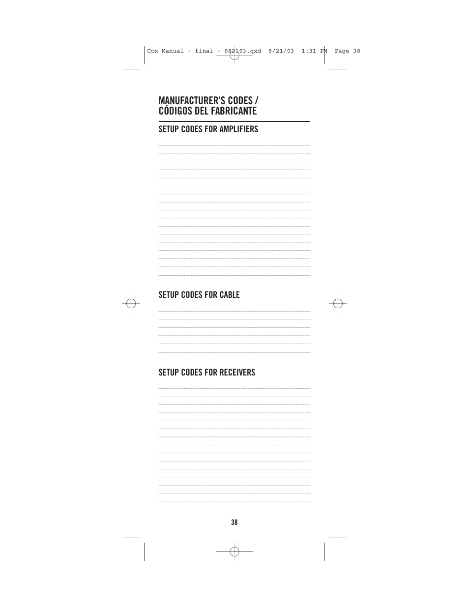 Manufacturer’s codes / códigos del fabricante, Setup codes for amplifiers, Setup codes for cable | Setup codes for receivers | Universal Electronics Cox Universal Remote Control User Manual | Page 38 / 48