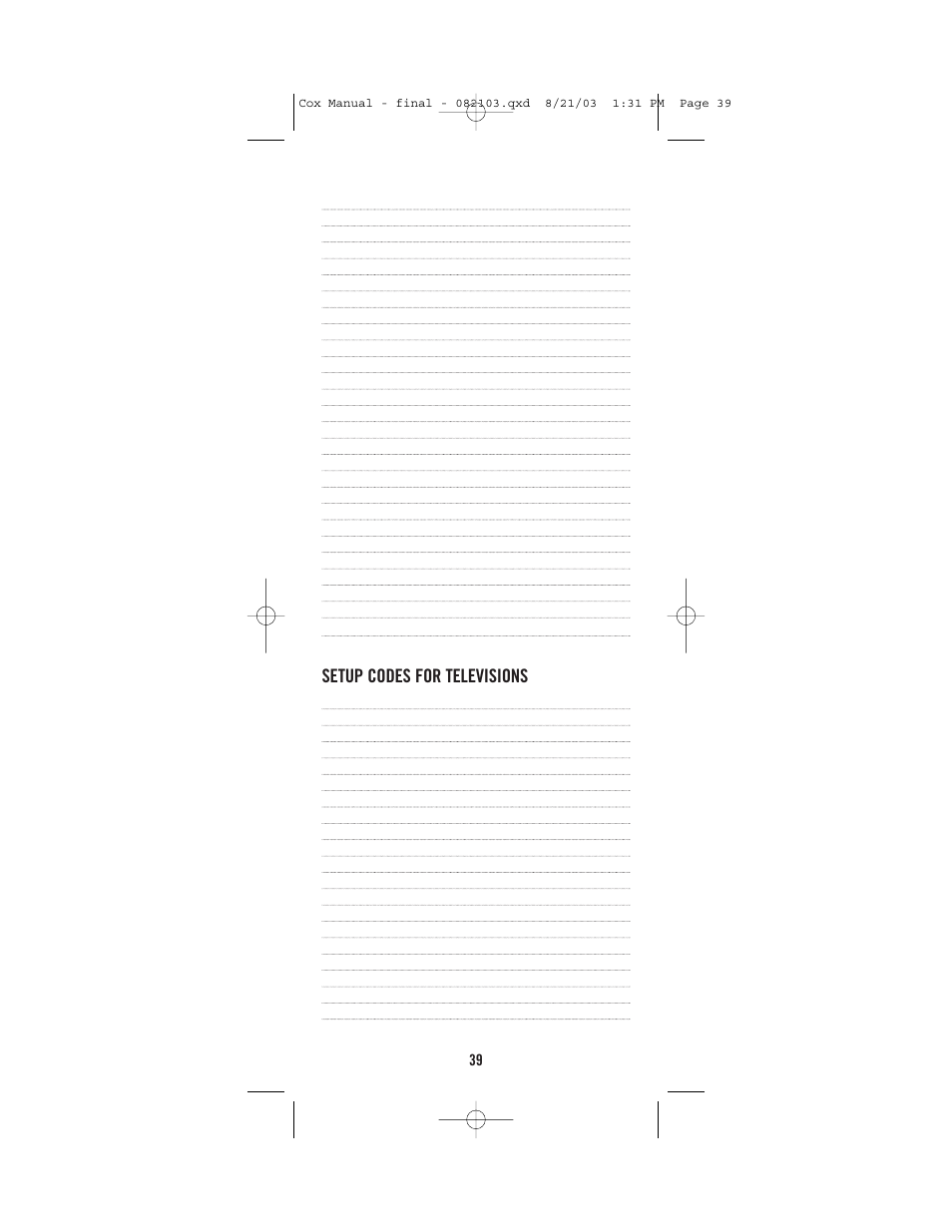 Setup codes for televisions | Universal Electronics Cox Universal Remote Control User Manual | Page 39 / 48