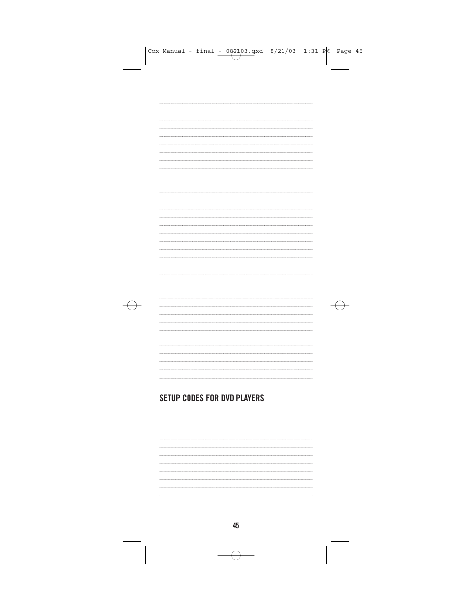 Setup codes for dvd players | Universal Electronics Cox Universal Remote Control User Manual | Page 45 / 48