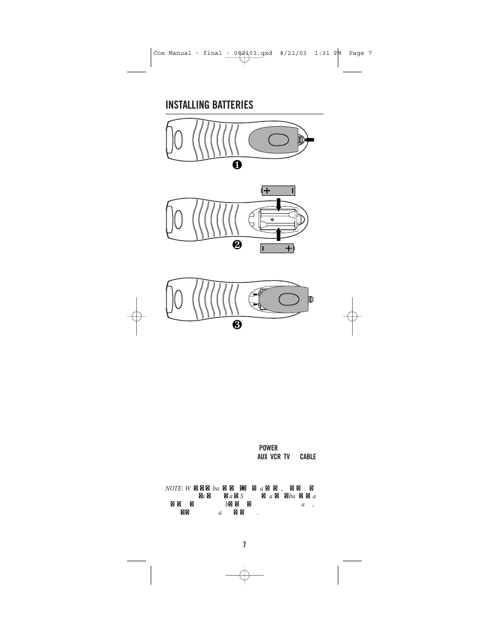 Installing batteries | Universal Electronics Cox Universal Remote Control User Manual | Page 7 / 48