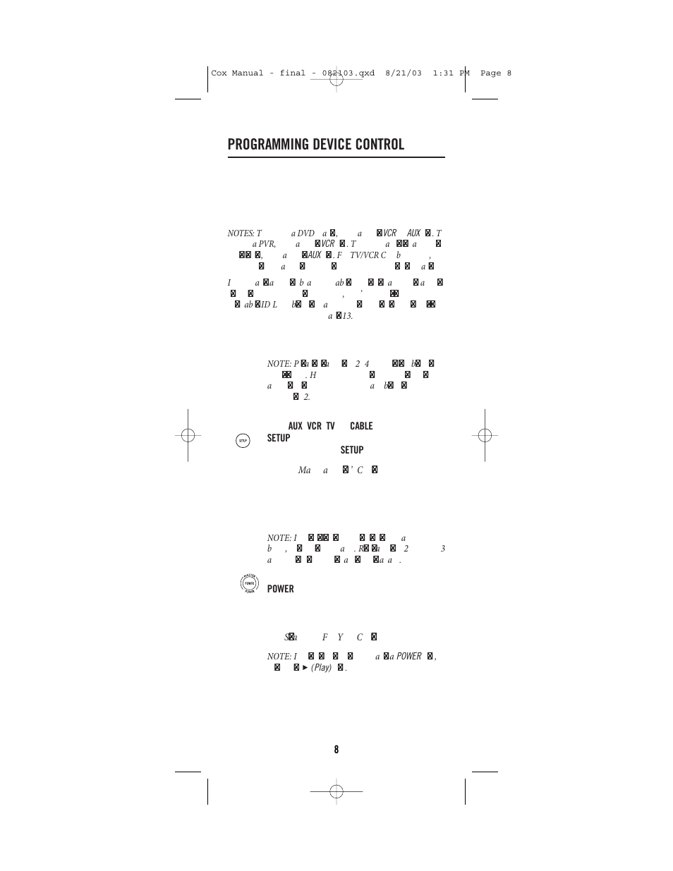 Programming device control | Universal Electronics Cox Universal Remote Control User Manual | Page 8 / 48