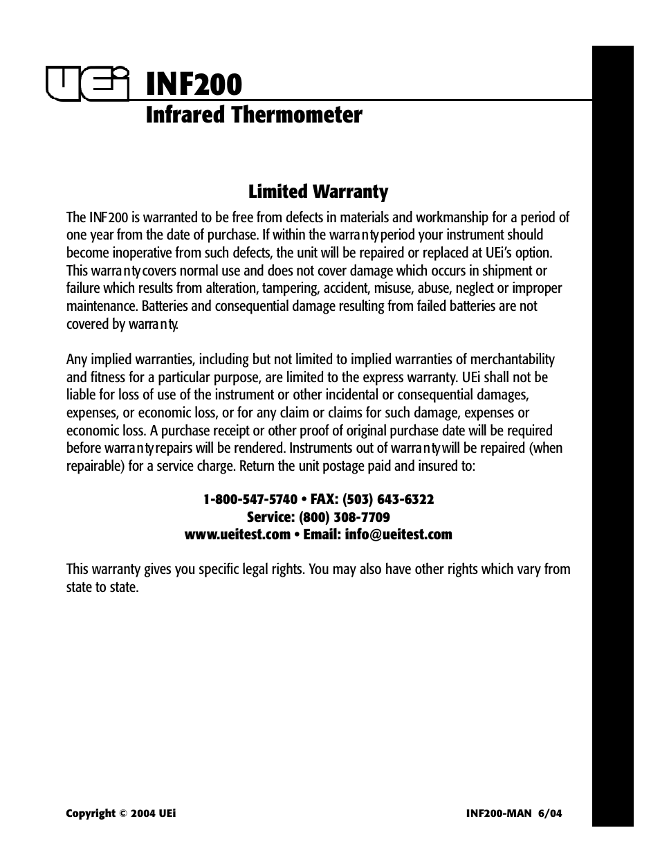 Inf200, Infrared thermometer | UEi UGI INF200 User Manual | Page 8 / 8