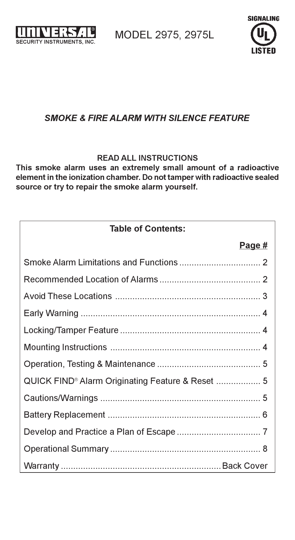 Universal Security Instruments 2975 User Manual | 9 pages