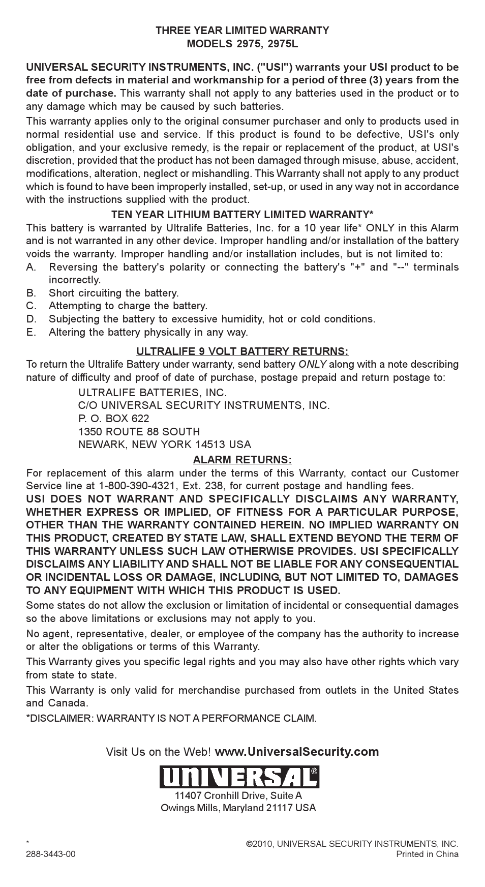 Universal Security Instruments 2975 User Manual | Page 9 / 9