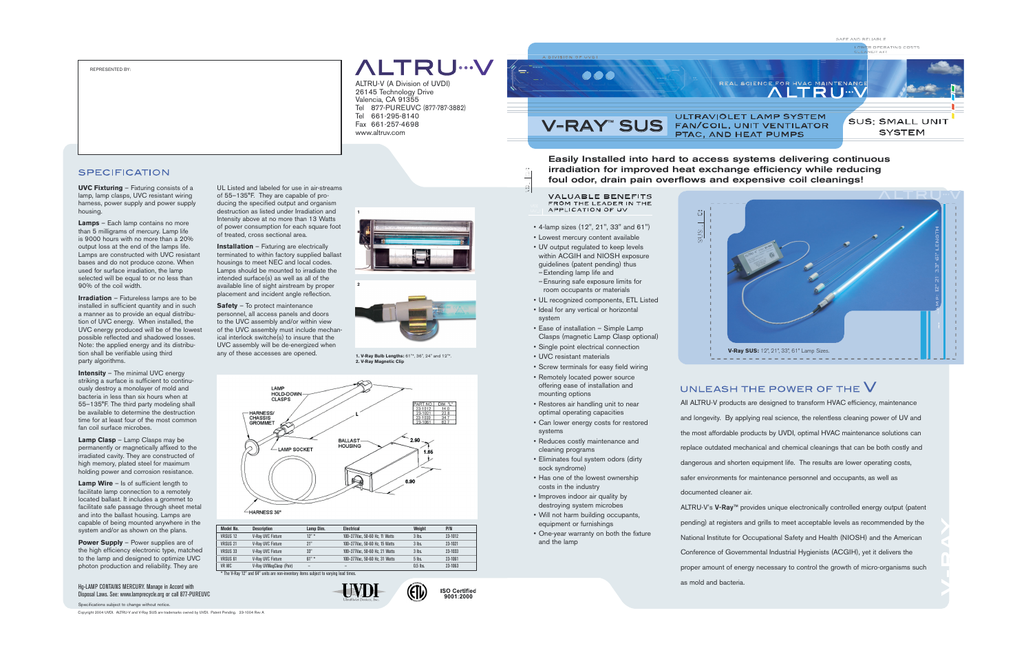 UltraViolet Devices Altru-V Ultravoilet Lamp System User Manual | 2 pages